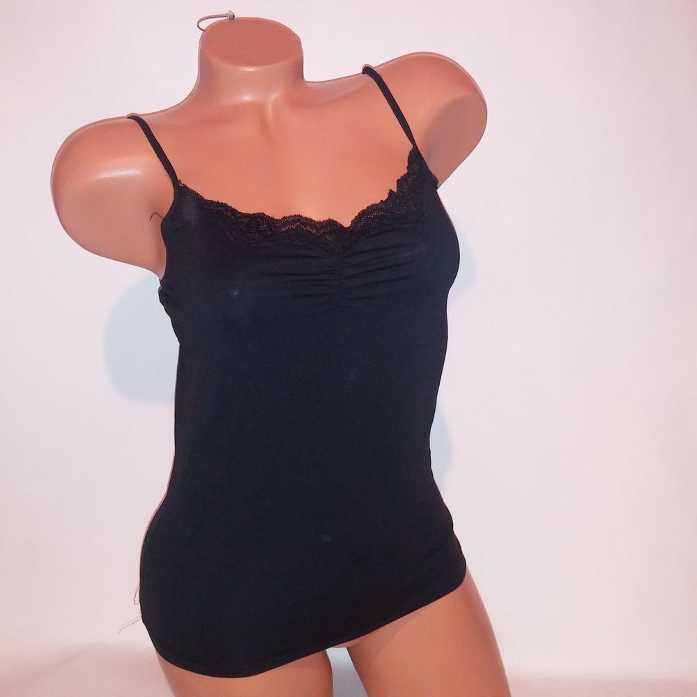 Pink K Camisole Tank Top Medium Black Solid Stretch Lace Trim